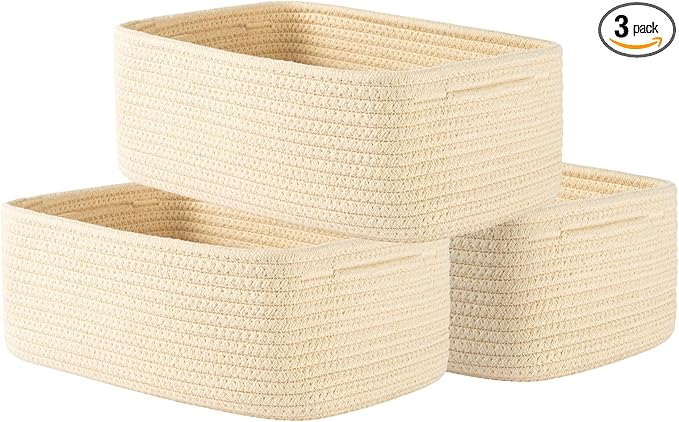 KALLAX Small Woven Basket, 12 x 8 x 4.5 Inches, Storage Basket for Organizing, Cute Small Rope Shelf Closet Cube Storage Bins Baskets for Shelves, Dog Toy Gift Baskets Empty, 3 Packs, Beige-BubblyBeeBaby