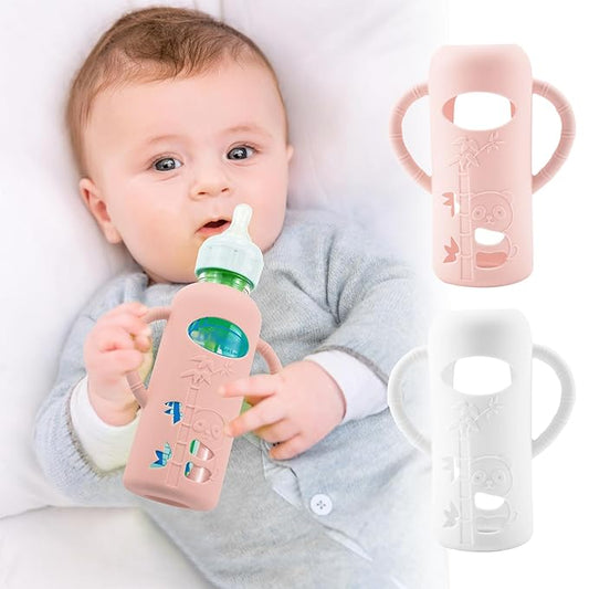 2 Pack Silicone Sleeves for Dr. Brown's Glass Baby Bottles, Anti Breakage Durable Baby Bottle Holder with Easy Grip Handles, Narrow Sleeve with a Cutout, Dishwasher/Freezer/Microwave Safe, 8 oz-BubblyBeeBaby