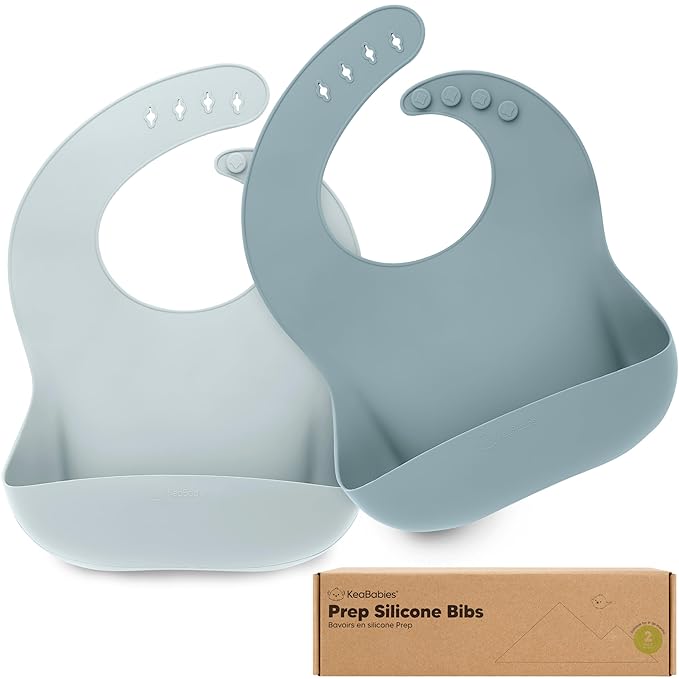 KeaBabies 2-Pack Silicone Baby Bibs for Eating - Sturdy Food-Grade Silicone Bibs for Babies Girl, Boy, Large Food Catcher, Clean & Put On Easily, Waterproof Toddler Feeding Essentials (Alps)-BubblyBeeBaby