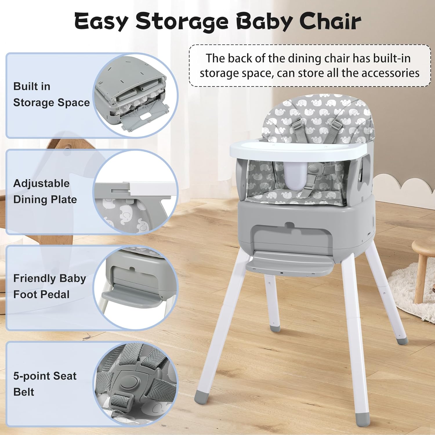 4 in 1 Portable Baby Highchair Convertible Highchair for Babies and Toddlers - Foldable Carry Small Box, High Chair, Infant Booster Seat, Dining Chair, Easy to Carry and Store (Grey)