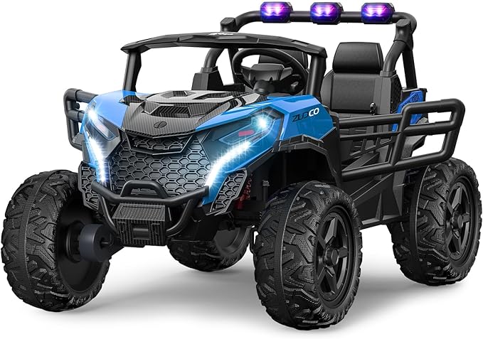 24V 2 Seater Ride on Car Truck, 4x200W, EVA Tires, 4WD/2WD, Remote Control, Rainbow Lights, Shock Absorbers, Bluetooth, Ride On UTV Toy for Kids Ages 3-8, Blue-BubblyBeeBaby