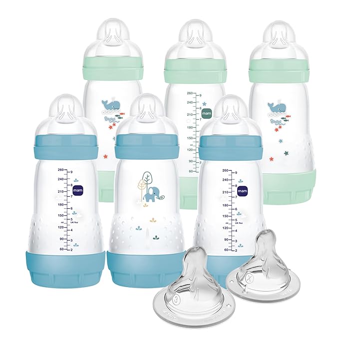 MAM 9oz Easy Start Anti-Colic Baby Bottles, Medium Flow with 2X Bonus Nipples (Fast and Extra Fast Flow), Reduces Colic, Gas, & Reflux, Easy-to-Clean, BPA-Free, 2 Plus Months-BubblyBeeBaby