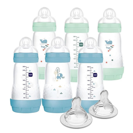 MAM 9oz Easy Start Anti-Colic Baby Bottles, Medium Flow with 2X Bonus Nipples (Fast and Extra Fast Flow), Reduces Colic, Gas, & Reflux, Easy-to-Clean, BPA-Free, 2 Plus Months-BubblyBeeBaby