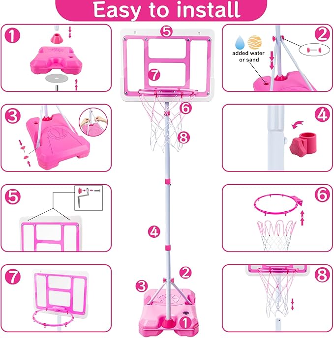 Kids Basketball Hoop with Stand, Adjustable Height 3.5FT-6.2FT Toddler Basketball Hoop, Basketball Goal Outdoor Indoor Toys for Girls Age 3 4 5 6 7 8 Years Old Gifts(Pink)-BubblyBeeBaby