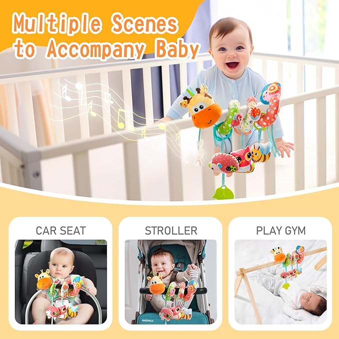 Jollybaby Crib Stroller Car Seat Toys for Baby 0-3-6-9-12 Months, Tummy Time Hanging Sensory Toys for Newborn with Music Box and Teether, Spiral Carseat Toy for Infant Boys Girls Gifts (Yellow)-BubblyBeeBaby