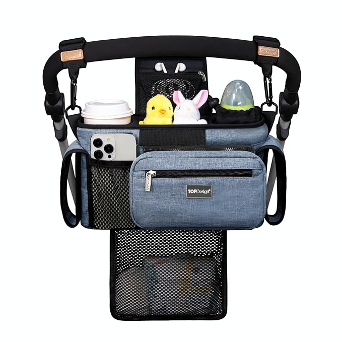 TOPDesign Universal Baby Stroller Organizer, Stroller Caddy with Detachable Mesh Bag & Heightened Insulated Cup Holders & Non-Slip Secure Hooks Accessories, Fits Most Strollers (Blue)-BubblyBeeBaby