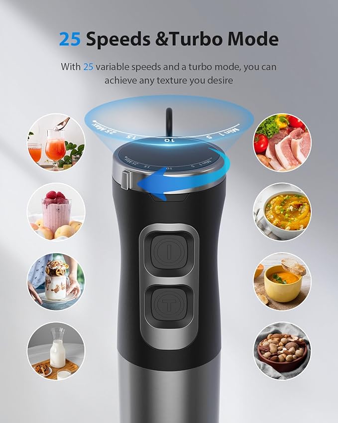 1000W Powerful Immersion Blender Handheld, 2025 New Update Hand Blender with 25-Speed and Heavy-Duty Copper Motor, 4 in 1 Hand Mixer with Chopper, Whisk, Beaker and Wand Silver-BubblyBeeBaby