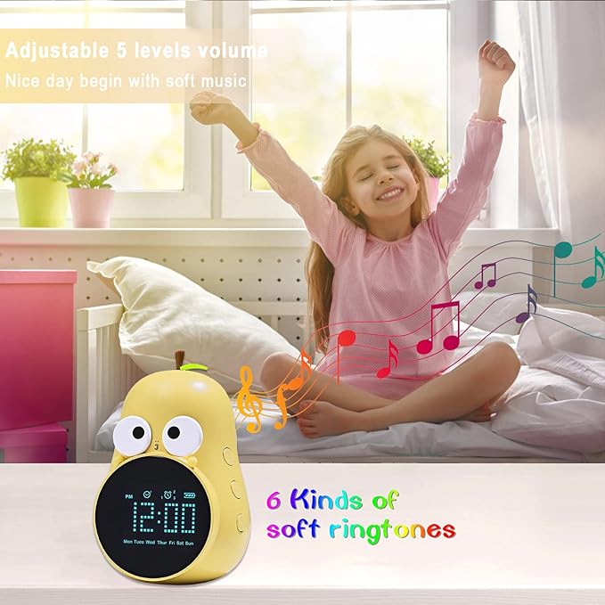Kids Alarm Clock for Girls Pear Alarm Clock with Snooze Toddler Sleep Training Clock for Bedroom Home Office(Yellow)-BubblyBeeBaby