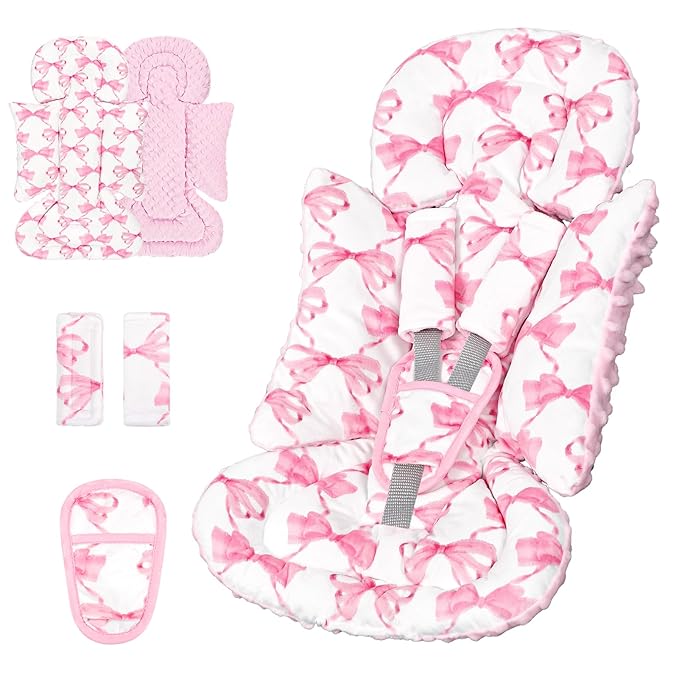 Infant Car Seat Insert, Soft Baby Car Seat Head & Body Support for Girl Boy, Reversible Newborn Preemie Carseat Insert Cushion with 3 Straps Pads, Fits Car Seat, Stroller, Swing, Bouncer, Pink Bow-BubblyBeeBaby