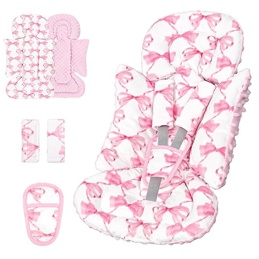 Infant Car Seat Insert, Soft Baby Car Seat Head & Body Support for Girl Boy, Reversible Newborn Preemie Carseat Insert Cushion with 3 Straps Pads, Fits Car Seat, Stroller, Swing, Bouncer, Pink Bow-BubblyBeeBaby