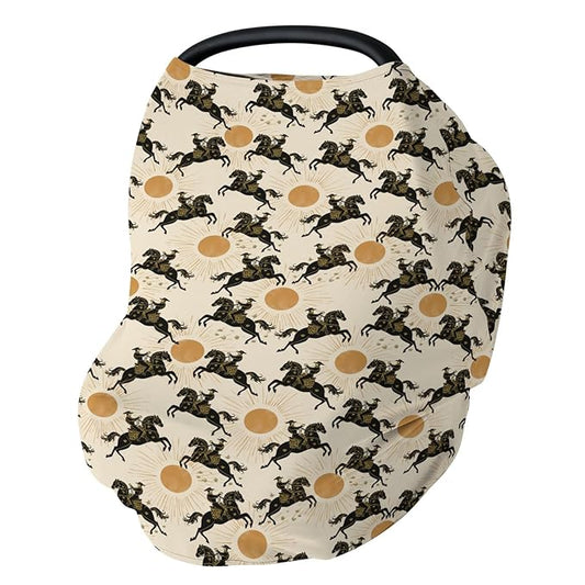 Western Cowboys Sunshine Baby Car Seat Covers Cowboy Horse Sun Stretchy 5-in-1 Cover Adjustable Car Canopy Breastfeeding Cover Wild West Desert Breathable Nursing Cover-Up-BubblyBeeBaby