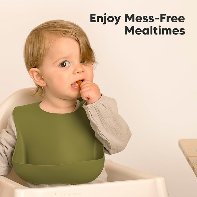 KeaBabies 2-Pack Silicone Baby Bibs for Eating - Sturdy Food-Grade Silicone Bibs for Babies Girl, Boy, Large Food Catcher, Clean & Put On Easily, Waterproof Toddler Feeding Essentials (Olives)-BubblyBeeBaby