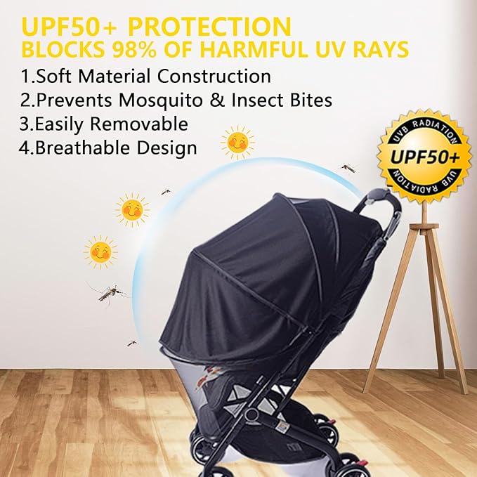UPF50+ Sunshade Stroller Cover, Universal Breathable 3D Baby Mosquito Net, 2-in-1 Stroller Sun Shade with Two-Way Zipper, UV Protection, Privacy Netting for Stroller-BubblyBeeBaby