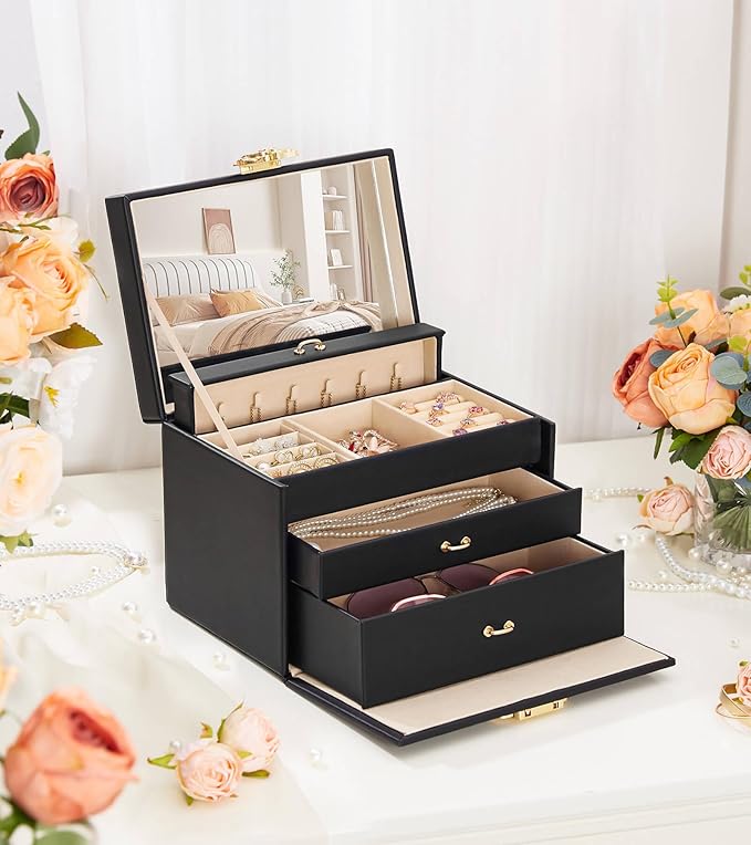 Jewelry Box with Lock for Girls: Jewelry Organizer for Dresser - 3-Drawer Earrings Storage Girls Women Gift (Black)-BubblyBeeBaby