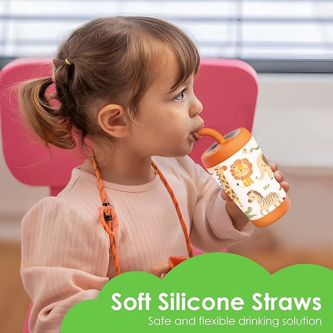 Kid Insulated Stainless Steel Tumbler with Silicone Straw, 12oz Sippy Cup for Kids (Jungle Animals)-BubblyBeeBaby