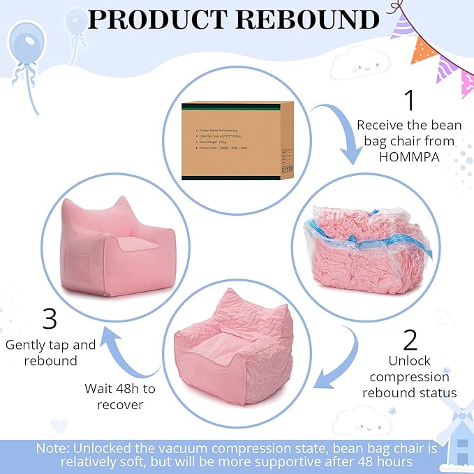 HOMMPA Kids Bean Bag Chair Stuffed Toddler Bean Bag Sofa with Pocket Filler Bean Bag Chair for Kids Boys and Girls Baby Lazy Floor Sofa Chair for Gaming Reading Playing Pink-BubblyBeeBaby
