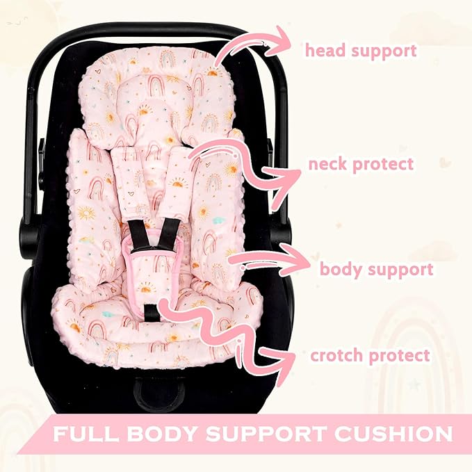 Infant Car Seat Insert and Strap Covers, Very Soft Car Seat Head Support Baby Girl Boy, Reversible Newborn Carseat Insert Cushion Fits for Stroller, Baby Swing, Bouncer (Pink Rainbow)-BubblyBeeBaby