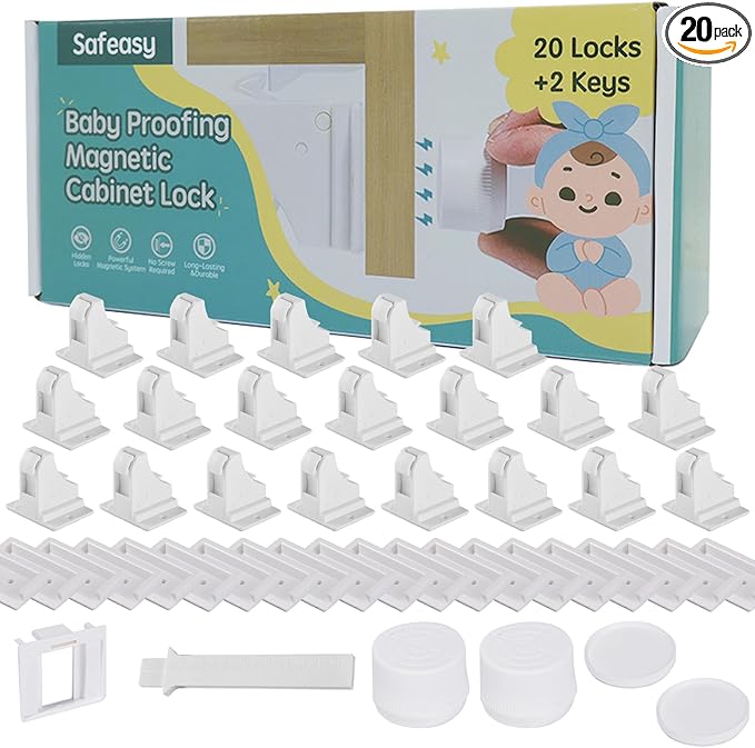 20 Pack Child Safety Magnetic Cabinet Locks - Safeasy Adhesive Baby Proofing Cabinets & Drawers Latches-BubblyBeeBaby