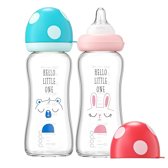 YOHKOH Natural Glass Baby Bottle with Natural Response Nipple, Newborn Anti-Colic Baby Bottles, Wide Neck Mushroom Cap Baby Bottle, Clear (8.8ounce (Pack of 2), Multicolour1)-BubblyBeeBaby