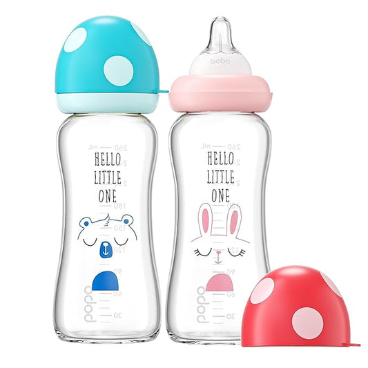 YOHKOH Natural Glass Baby Bottle with Natural Response Nipple, Newborn Anti-Colic Baby Bottles, Wide Neck Mushroom Cap Baby Bottle, Clear (8.8ounce (Pack of 2), Multicolour1)-BubblyBeeBaby