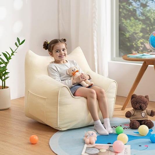 HOMMPA Bean Bag Chair for Kids Stuffed Toddler Bean Bag Sofa with Pocket Filler Cat Shaped Bean Bag Chair Boys and Girls Baby Lazy Floor Sofa Chair for Gaming Reading Playing Beige-BubblyBeeBaby