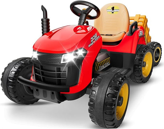 24V Ride On Tractor w/Tiltable & Detachable Trailer, 2x65W Motors, EVA Tires, Remote Control, Bluetooth, Shifter, Music, Electric Car for Kids Ages 2-5, Red-BubblyBeeBaby