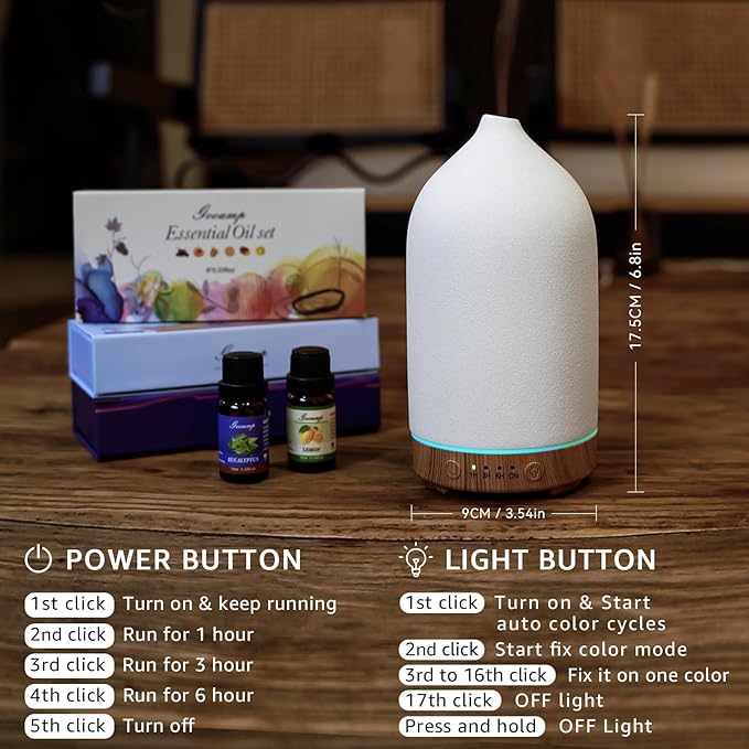 200ML Ceramic Essential Oil Diffuser - Ultrasonic Aromatherapy & Humidifier with 7-Color LED Lights, Auto Shut-Off, Wood Grain Base, 1H/3H/6H Timer | Scent for Home, Office, Yoga-BubblyBeeBaby