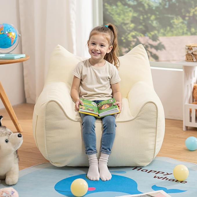 HOMMPA Bean Bag Chair for Kids Stuffed Toddler Bean Bag Sofa with Pocket Filler Cat Shaped Bean Bag Chair Boys and Girls Baby Lazy Floor Sofa Chair for Gaming Reading Playing Beige-BubblyBeeBaby