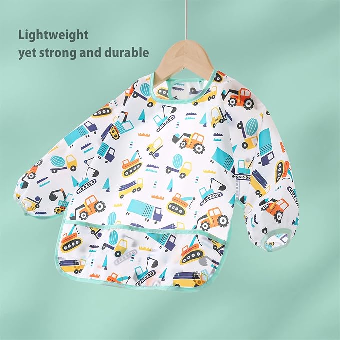 5 Pack Long Sleeve Bib,Baby Toddler Waterproof Sleeved Bib for 6-30 Months Reusable with Catch-all Pocket-BubblyBeeBaby