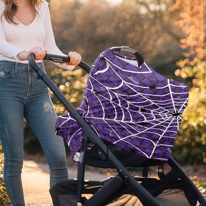 Binienty Halloween Spider Web and Bat Baby Car Seat Canopy Cover Halloween Decoration Nursing Cover for Breastfeeding Carseat Covers for Boy Girls-BubblyBeeBaby