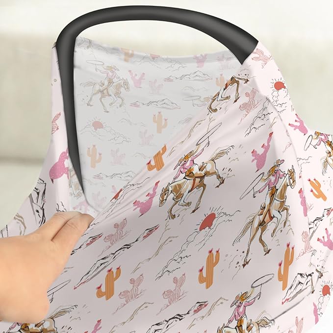 Cute Pink Cowgirl Car Seat Cover for Baby Western Cowgirls Horse Cactus Mountain Sunset Stretchy 5-in-1 Covers Adjustable Infant Carseat Canopy Cover Wild West Desert Breathable Nursing Cover-Up-BubblyBeeBaby