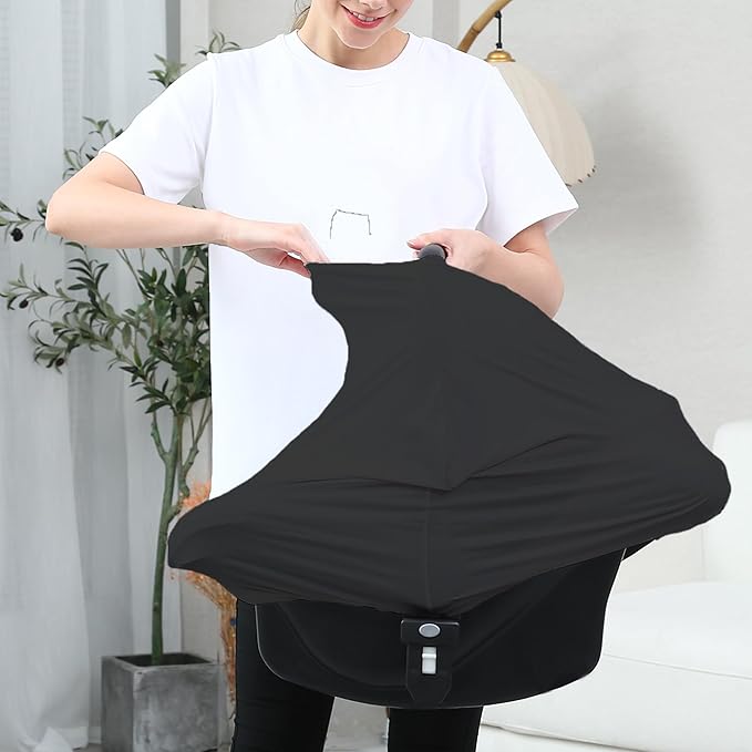 Carseat Covers for Baby Breastfeeding – Multi use Car Seat Canopy Cover, Infant Stroller Canopy Cover for Boy and Girls (Black Print)-BubblyBeeBaby
