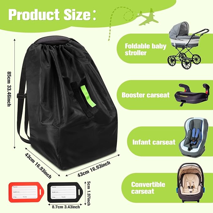 Car Seat Bags For Airplane Travel, Durable Carseat Cover For Air Travel Car Seat Travel Bag with Shoulder Straps and 2pcs Luggage Tags For Airplane-BubblyBeeBaby