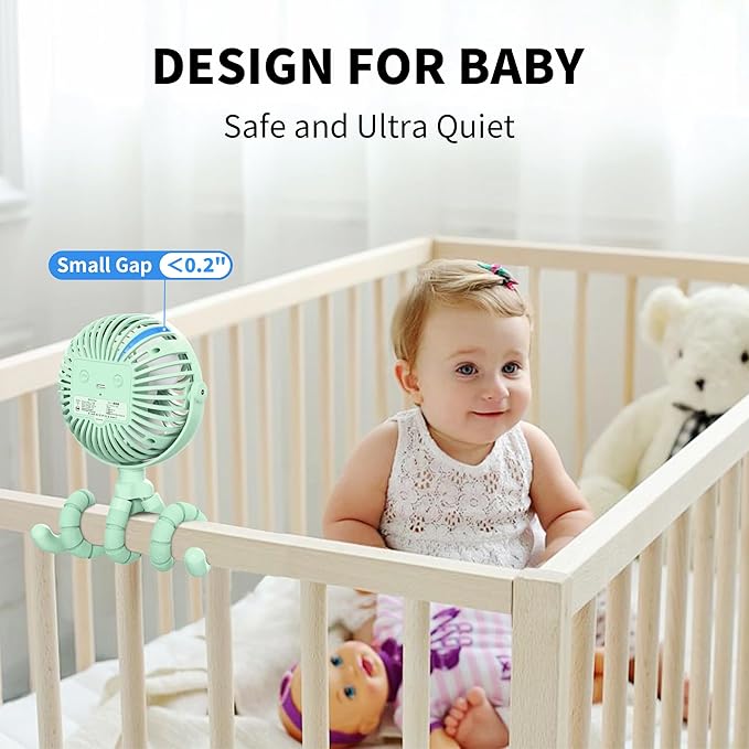 AMACOOL Battery Operated Stroller Fan Flexible Tripod Clip On Fan with 3 Speeds and Rotatable Handheld Personal Fans for Car Seat Crib Bike Treadmill (Green)-BubblyBeeBaby
