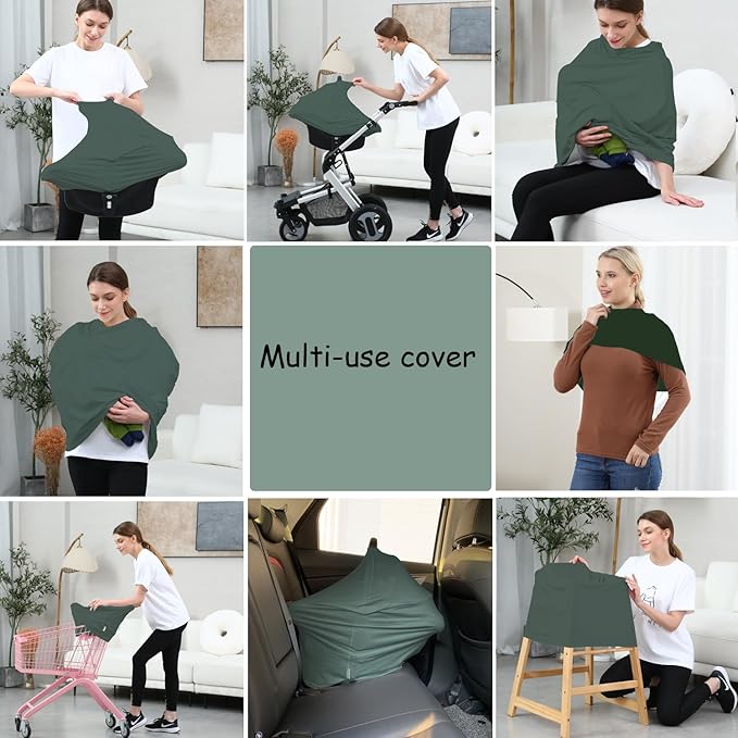 Car Seat Cover Baby for Nursing, Baby Breastfeeding Cover Carseat Canopy Covers, Solid Color Multi-use Nursing Cover for Babies (Roman Green)-BubblyBeeBaby