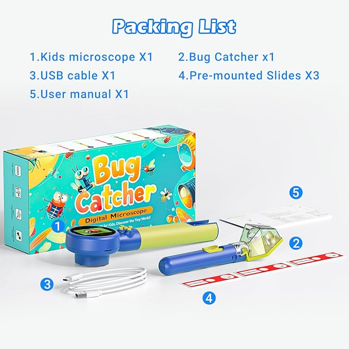 2 in 1 Kids Microscope with Bug Catcher,HD 500X Digital Microscope for Kids with 2" Screen,Photo and Video,STEM Educational Science Kit Learning Toys for Age 3-12 Girls & Boys Birthday Gifts (Blue)-BubblyBeeBaby