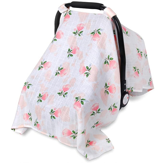 Rquite Car Seat Covers for Babies - 100% Muslin, Lightweight, Soft, Breathable Baby Carrier Cover - Summer Stroller Canopy (Pink Flower)-BubblyBeeBaby