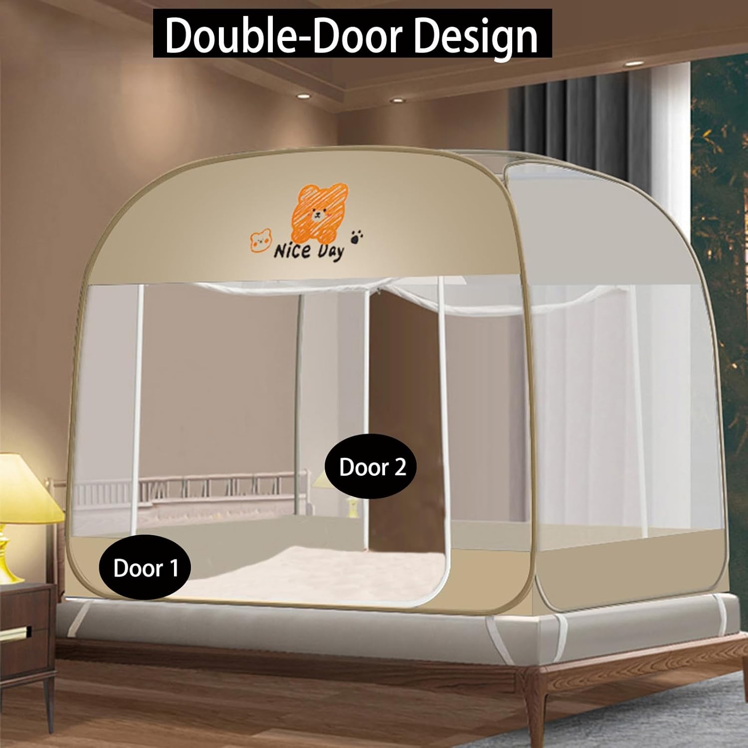 CMINGJ Mosquito Net for Bed, Portable pop up Mosquito Netting with Bottom, Free Installation-Suitable for Bedroom, Camping, Folding Portable Design for Baby Adults (Orange Bear) L79 x W71 x H61