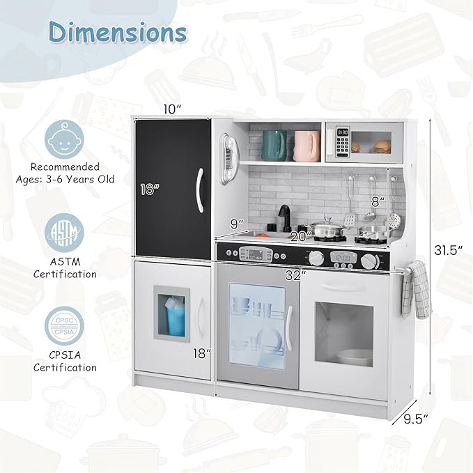 HONEY JOY Kids Kitchen Playset, Wooden Little Chef Pretend Toy Kitchen Set w/Chalkboard, Telephone, Utensils, Oven, Microwave, Sink, Storage, Play Kitchen for Toddlers, Gift for Boys Girls, White-BubblyBeeBaby