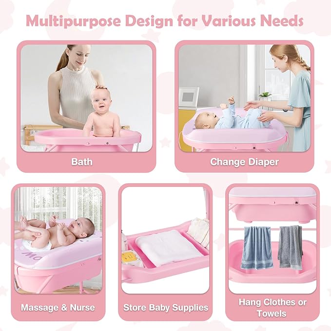 HONEY JOY Baby Changing Table with Bathtub, Foldable Infant Diaper Changing Station with Wheels, Storage Tray, Waterproof Pad, Portable Newborn Nursery Organizer Bath Stand for Boys Girls (Pink)-BubblyBeeBaby