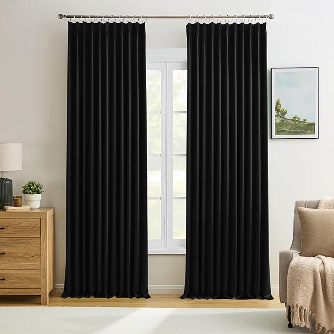 KEQIAOSUOCAI 72 Inch Wide Black Pinch Pleated Curtains 72 x 95, Thermal Insulated Noise Cancelling Living Room Office Drapes 95 Inches Long, Patio Sliding Glass Door Window Curtain 2 Panels-BubblyBeeBaby