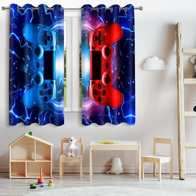 Jekeno Gamer Game Controller Blackout Curtains - Colorful Gaming Gamepad Decor for Kids Boys Teens Teenager Bedroom Home Living Room Darkening Grommet Window Drapes 2 Panel Set, 42"x63"-BubblyBeeBaby