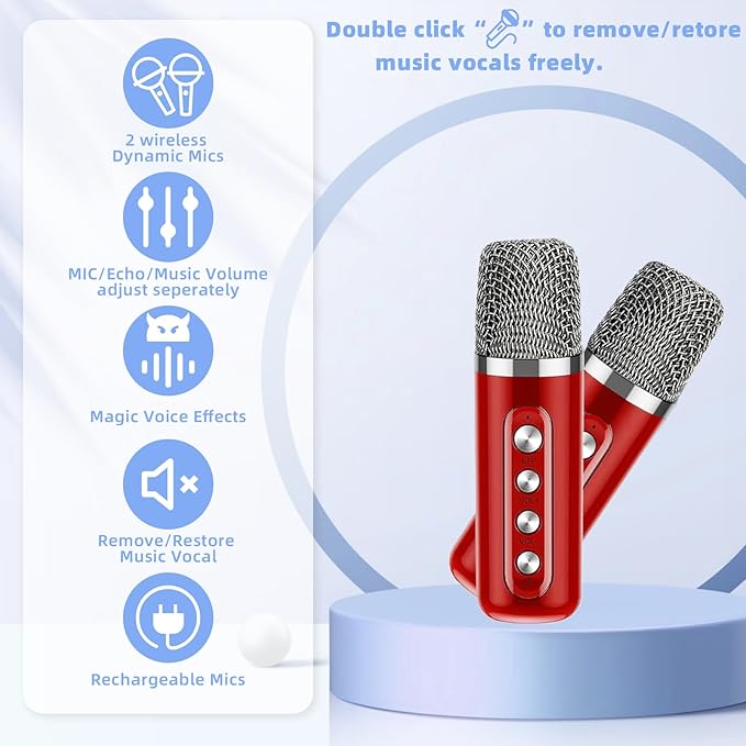 Karaoke Machine for Kids Adults - Portable Bluetooth Speaker with 2 Wireless Microphones, Singing Machine for Party, Birthday Gifts for Girls Boys Ages 4, 5, 6, 7, 8,9,10,11, 12+ Years Old-BubblyBeeBaby