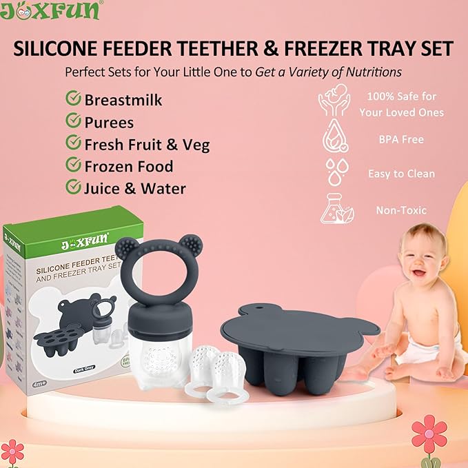 JEXFUN Silicone Baby Food Feeders + Freezer Tray for Batch Prep, Introduce New Foods Safely, Double as Silicone Teething Toys, BPA Free Silicone Feeder for Safe Infant Self Feeding - (Dark Grey)-BubblyBeeBaby