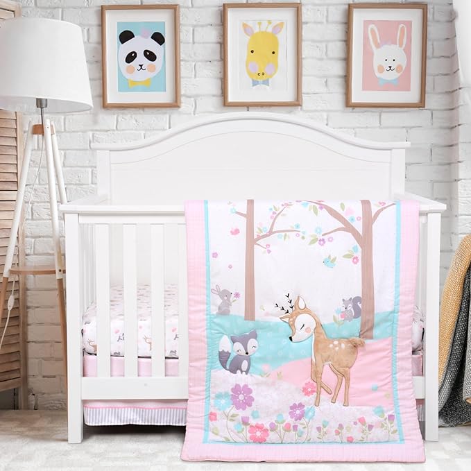UOMNY Crib Bedding Set for Girls 3 Piece Woodland Baby Girl Crib Bedding Set Include Fitted Crib Sheet Comforter Crib Skirt-BubblyBeeBaby