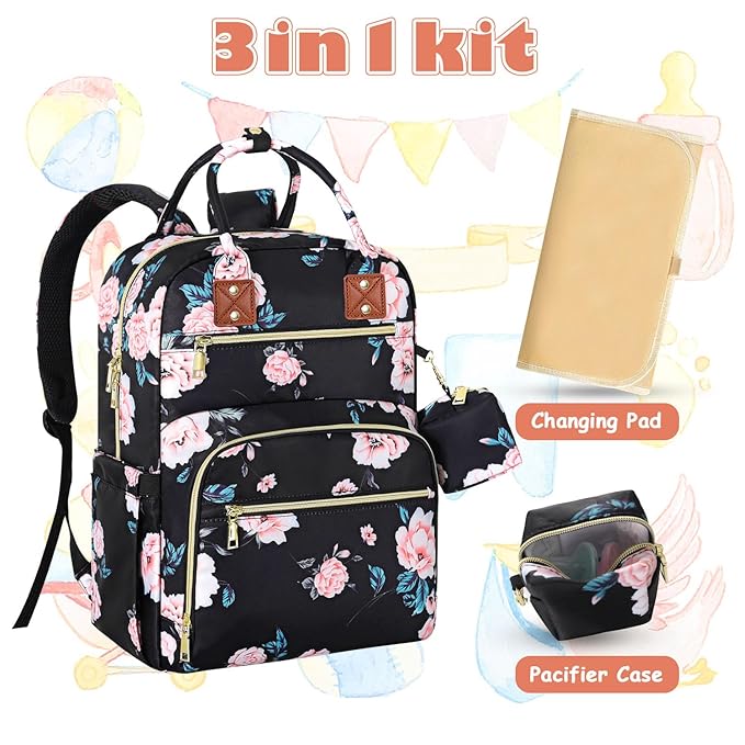 Baby Diaper Bag Backpack, Travel Diaper Bags for Girl Boy Large Capacity Baby Bag Backpack for Women Black Floral-BubblyBeeBaby