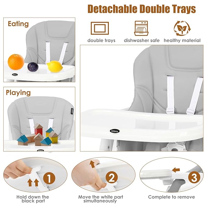 INFANS High Chair for Babies & Toddlers, Foldable Highchair with Multiple Adjustable Backrest Footrest Seat Height, Removable Tray, Detachable PU Leather Cushion Wheels (with Booster, Light Grey)-BubblyBeeBaby