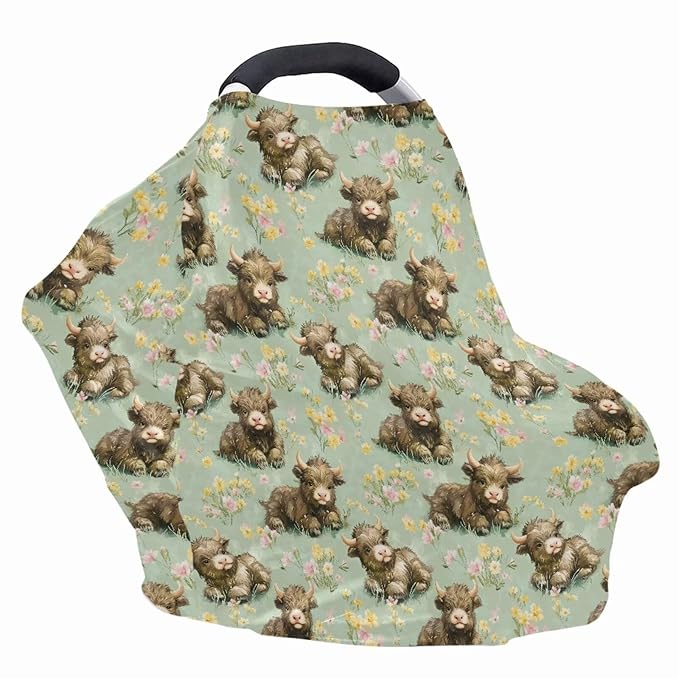Binienty Highland Cow Baby Car Seat Cover for Boys Girls,Boho Floral Infant Carseat Cover Multi Use Baby Nursing Cover, Shopping Cart/High Chair/Stroller Cover-BubblyBeeBaby