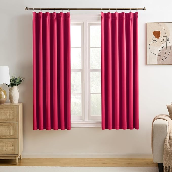 KEQIAOSUOCAI Pinch Pleated Hot Pink Blackout Curtains 63 Inches Long, Sound & Light Reducing Room Darkening Drape for Girl's Bedroom(Hot Pink, 2 Panels, W40 x L63)-BubblyBeeBaby