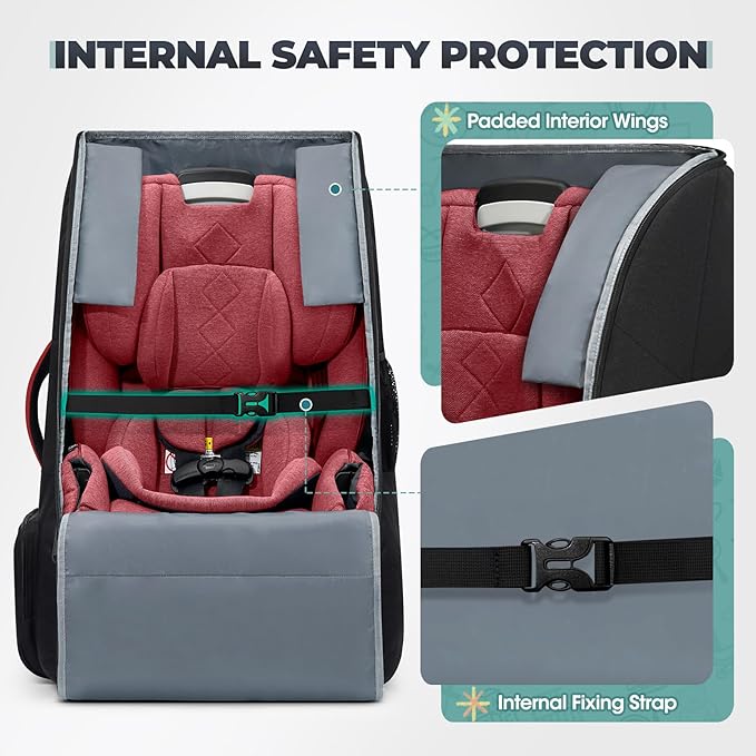 RAINSMORE Padded Car Seat Travel Bag for Airplane Heavy Duty Car Seat Backpack for Air Travel Baby Carseat Cover Bags for Airport Large Car Seats Carrier Fits Car Seats & Booster Seats, Black-BubblyBeeBaby